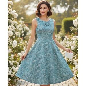 Whispering Ivy Fit Flare Dress Womens XL Teal White Paisley Bow Rockabilly Retro